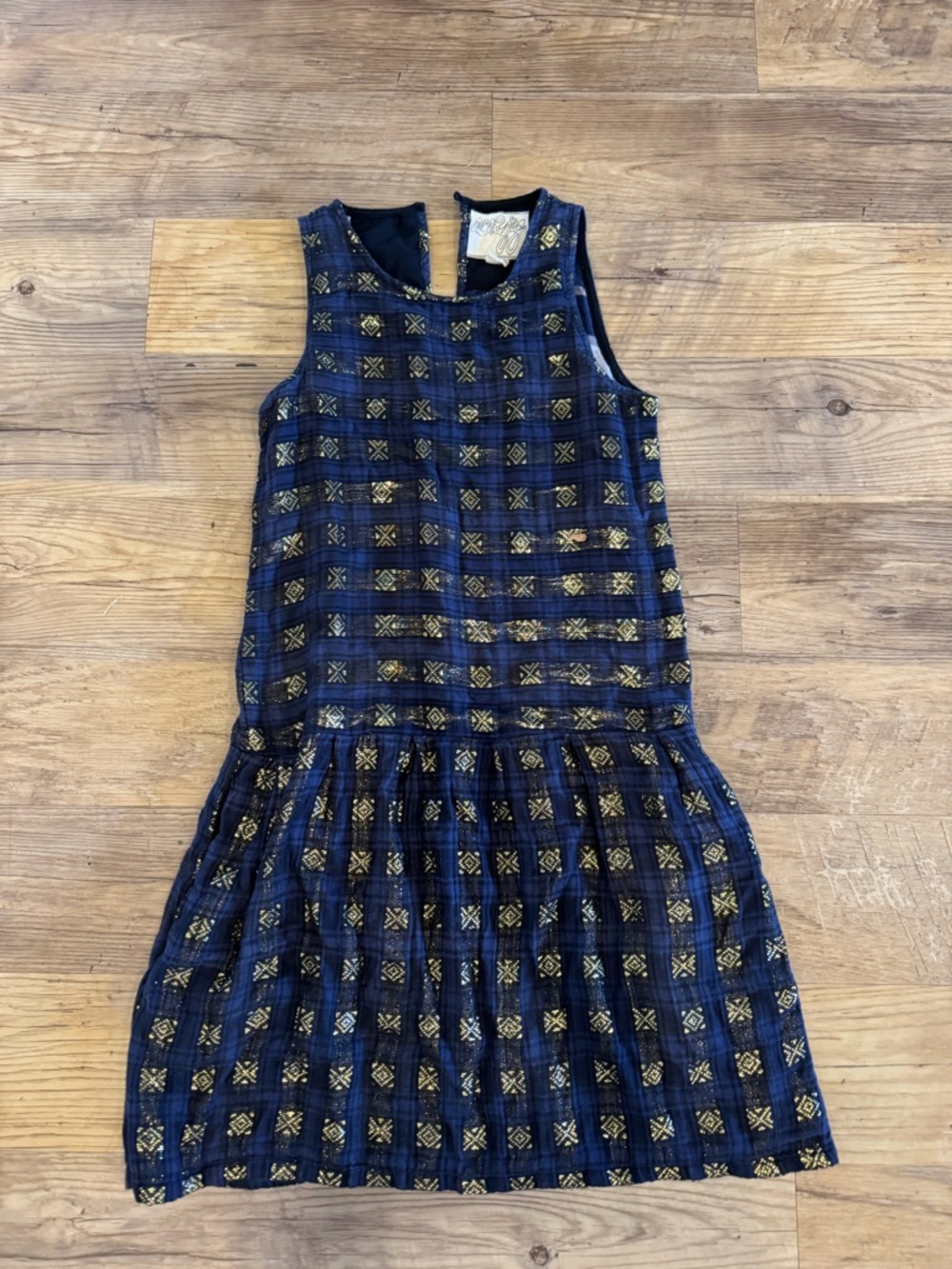 Ace & Jig Navy and Gold Plaid Sleeveless Drop-Waist Dress with pockets XS